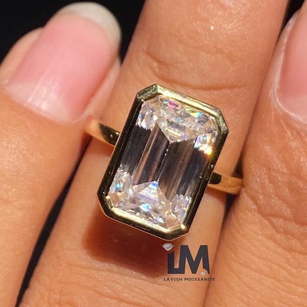5Ct Emerald Cut Moissanite Bezel Set Engagement Ring For Women, 14K Yellow Gold Wedding Ring, Solitaire Ring, Promise Ring, Anniversary Gift