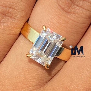 3 Ct Emerald Moissanite Engagement Ring Big Emerald Moissanite Ring 14K Yellow Gold Ring Wide Band Ring Emerald Cut Wedding Ring For Women