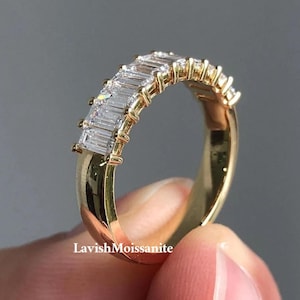 Baguette Cut Moissanite Diamonds Half Eternity Wedding Band For Women, 14K Solid Gold Anniversary Band, Matching Promise Band, Baguette Band