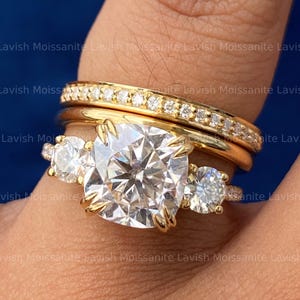 3.5Ct Cushion Cut Three Stone Moissanite Meghan Markle Ring Set Two Stackable Wedding Band Channel Set Wedding Band Meghan Markle Bridal Set