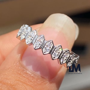 Milgrain Hexagon Shape Band Unique Shape Wedding Band Round Cut Moissanite Diamond Band Stackable Band Matching Wedding Band Hexagon Band