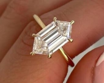 3CT Elongated Hexagon Cut Hidden Halo Moissanite Engagement Ring 14K Solid Gold Hexagon Diamond Solitaire Wedding Ring Dutch Marquise Halo