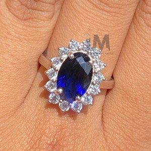 12*8 MM Royal Blue Sapphire Halo Ring 14K White Gold Ring Sapphire Princess Diana Ring Cocktail Ring Diana Engagement Ring Blue Oval Ring