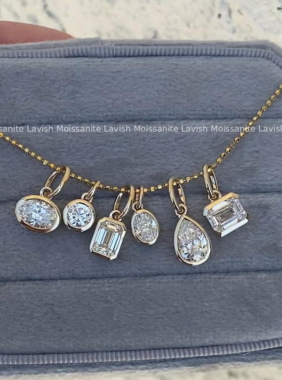 East West Oval Bezel Set Pendant Pear Bezel Necklace Solitaire Round Moissanite Pendant Emerald Bezel Solitaire Pendant 925 Silver Pendant