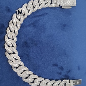 Bransoletka z ogniwami kubańskimi 12 mm 8 cali, bransoletka hip-hopowa ze srebra 925 dla mężczyzn Bransoletka z moissanitem, bransoletka z diamentami, bransoletka z moissanitem o okrągłym szlifie
