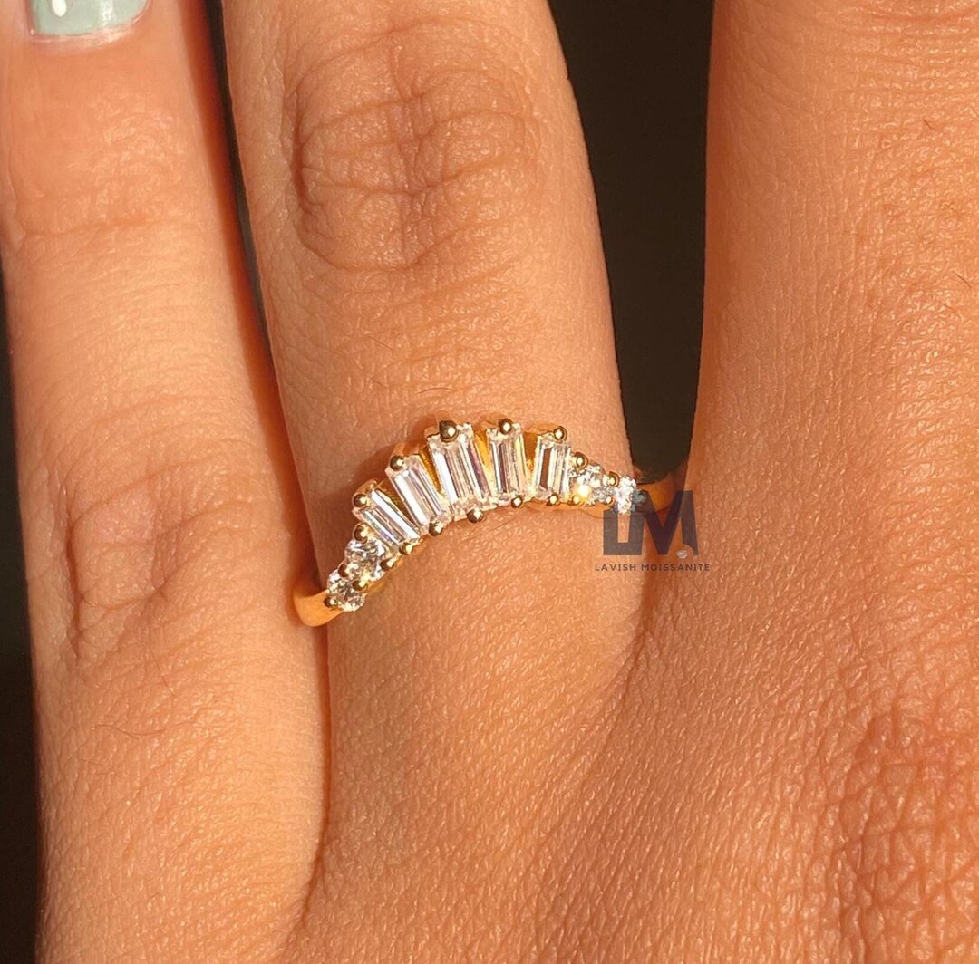 Vintage Moissanite Baguette Curved Wedding Band Women, 14K Yellow Gold ...