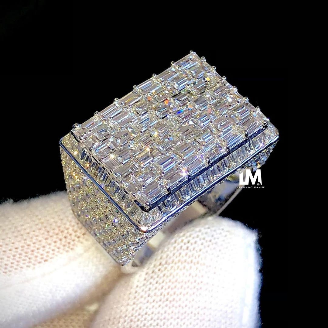 Baugette Rapper Ring Round & Baguette Vvs Moissanite Iced Out Hip Hop Pinky Championship ...