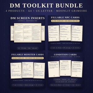 May include: A DM Toolkit Bundle featuring four printable products: DM Screen Inserts, Fillable NPC Cards, Fillable Monster Cards, and Condition Cards. The set includes A4 and US Letter formats, with cards measuring 63 x 88 mm.