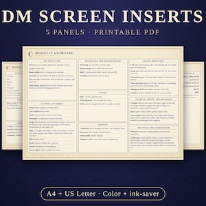 Moonlit Grimoire DM Screen Inserts, 5E Rules Summary, Combat, Conditions, Travel (PDF)