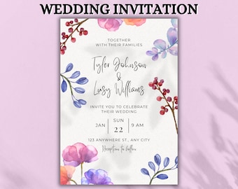 Floral Wedding Invitation Template, Printable Wedding Card, Wedding Invite Template, Wedding Invitation, Editable & instant download