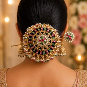 Könnte beinhalten: Ein goldfarbenes, kreisförmiges Haaraccessoire mit einem zentralen Blumenmotiv aus roten und grünen Steinen, umgeben von filigranen Verzierungen, kleinen weißen Perlen und baumelnden glockenförmigen Anhängern, befestigt mit einer passenden Haarnadel.