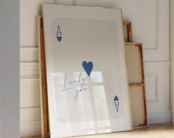 Blue Trendy Ace of Hearts Print Lucky You Poster Trendy Retro Wall Art Retro Trendy Aesthetic Print Playing Card Poster Preppy y2k Room
