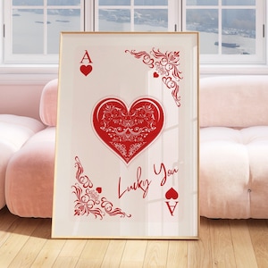Trendy Ace of Hearts Print Red Lucky You Poster Trendy Retro Wall Art Retro Trendy Aesthetic Print Cartaz de cartas de jogo Decoração de quarto formal y2k