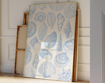 Sea Shells Pastel Blue Print Vintage Line Art Coastal Granddaughter Aesthetic Coastal Cowgirl Printable Poster Dorm Room Trendy Wall Art