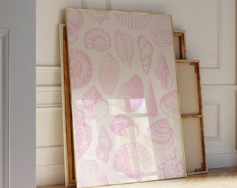Sea Shells Pastel Pink Print Vintage Line Art Coastal Granddaughter Aesthetic Coastal Cowgirl Printable Poster Dorm Room Trendy Wall Art