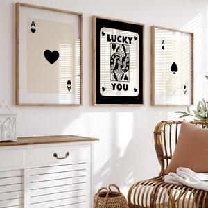 Modny zestaw 3 sztuk sztuki ściennej w stylu retro, modny plakat estetyczny w stylu retro, wydruk karty czarnego asa, plakat Lucky You, modna sztuka ścienna, sztuka w stylu funky, cyfrowa