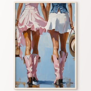 Coastal Cowgirl Print, Girly Preppy Blue and Pink Cowboy Boots Painting, Printable Poster, Trendy Western Wall Art, Girls Dorm Room Decor