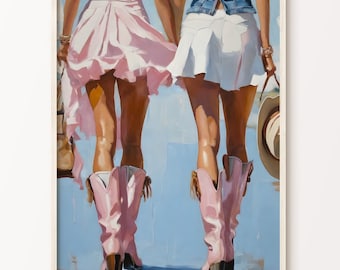 Coastal Cowgirl Print, Girly Preppy Blue and Pink Cowboy Boots Painting, Printable Poster, Trendy Western Wall Art, Girls Dorm Room Decor