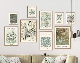 Green Gallery Wall Set of 9, Vintage Gallery Wall Art, Eclectic Printable Wall Art, Modern Gallery Wall Art, Exhibition Prints