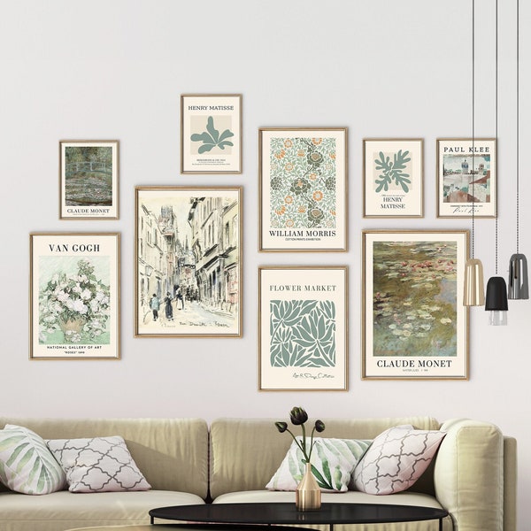 Green Gallery Wall Set of 9, Vintage Gallery Wall Art, Eclectic Printable Wall Art, Modern Gallery Wall Art, Exhibition Prints