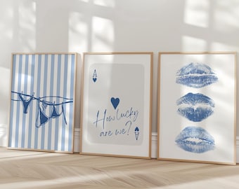 How Lucky Are We Print – Trendy Retro Coquette Wall Art Set of 3 | Y2K Bikini Line, Blue Kiss Lips | Preppy Dorm Room Decor Printable Art