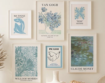 Gallery Wall Art Set of 6, Exhibition Poster Set, Matisse Print, William Morris Wall Art, Picasso Print, Blue Gallery Set Bundle
