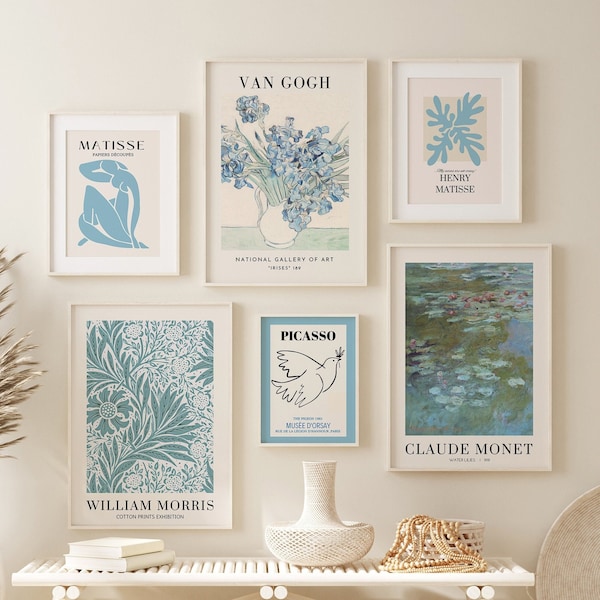 Galerie Wall Art Set de 6, Ensemble d'affiches d'exposition, Matisse Print, William Morris Wall Art, Picasso Print, Blue Gallery Set Bundle