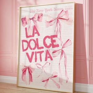 Trendy Pink Bows Wall Art, Retro NewsPaper Print, College Apartment Preppy Room Decor, Coquette La Dolce Vita Girly Wall Decor Digital