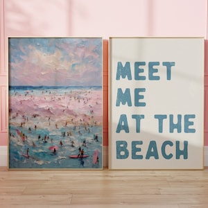 Niebieski nadmorski Surf up Cowgirl Print Meet Me At The Beach Wall Art Chic Beach Surfer Poster, Surfer Gift, Vintage Coastal Surf Print Set of 2