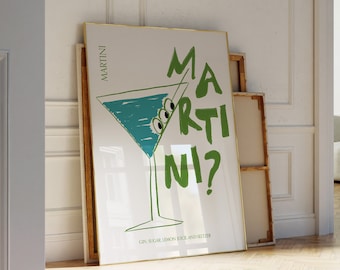 Martini Print Bar Art Print Cocktail Poster Bar Cart Wall Art Alcohol Print Art Drinks Wall Decor DIGITAL Download Hand Illustrated