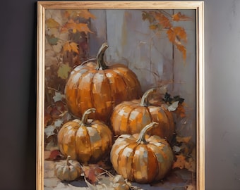 Puede incluir: Pintura enmarcada que representa una naturaleza muerta de calabazas naranjas con tallos verdes y hojas de otoño. La obra de arte se presenta en un marco de madera y tiene una paleta de colores cálidos.