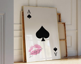Trendy speelkaart print Lucky You poster Trendy retro Wall Art Retro trendy esthetische print Ace of Spades Preppy y2k Kiss poster
