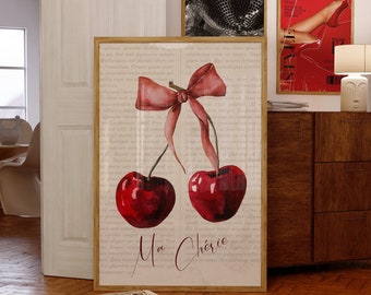Décoration de chambre coquette Ma Cherie, affiche vintage noeud rouge, art mural vintage aquarelle, art mural coquette rouge pour appartements