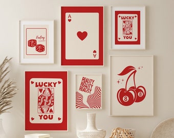 Red Trendy Retro Wall Art Set Of 6, Lucky You Poster, Retro Trendy Aesthetic Print, Red Ace Card Print, Queen of Hearts, Funky Art