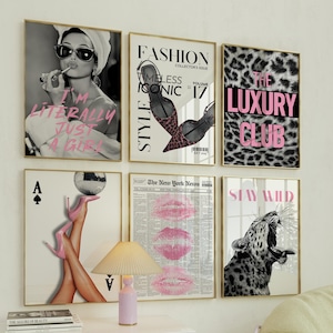 Juego de 6 pósteres de arte mural Coquette and Preppy: pósteres retro de chica Y2K, estética de estampado de leopardo, estilo revista de moda, decoración digital para dormitorio.