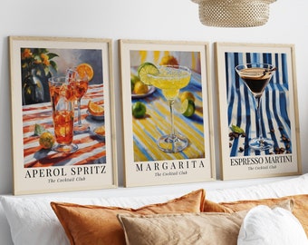Impression martini expresso, affiche aperol spritz, impression margarita, lot de 3 affiches cocktail, chariot de bar, art mural vintage, peinture abstraite de cuisine