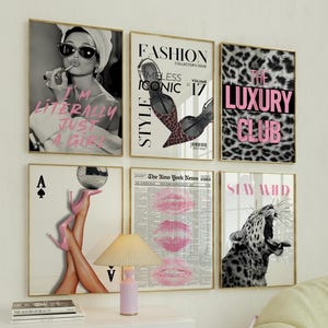 Coquette and Preppy Wall Art Set of 6 – Y2K Retro Girl Posters, Leopard Print Aesthetic, Fashion Magazine Style, Dorm Room Decor DIGITAL