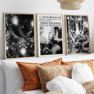 Set Of 3 Piece Disco 70s Wall Art Disco Ball Print Black White Trendy New York Newspaper Print Luxury Alcohol Girly Dorm Room Bundle Decor