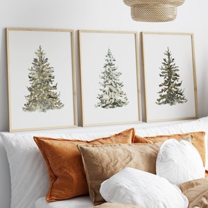 Set di 3 stampe di alberi di Natale, alberi sempreverdi, decorazioni natalizie, pittura ad acquerello di Natale in fattoria, decorazioni natalizie, arte murale natalizia