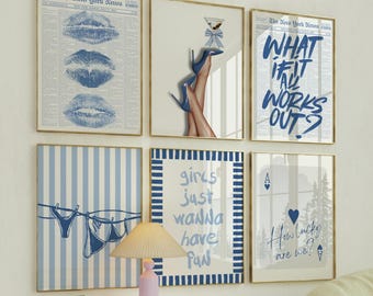 Retro Y2K Coquette Wall Art Set of 6 | Blue Aesthetic Prints, Just a Girl, How Lucky Are We Quote, Feminine Gallery Dorm Decor DIGITAL