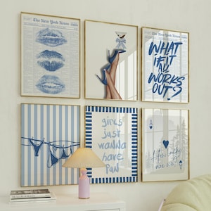 Retro Y2K Coquette Wall Art Set of 6 | Blue Aesthetic Prints, Just a Girl, How Lucky Are We Quote, Feminine Gallery Dorm Decor DIGITAL