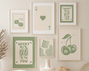 Sage Green Trendy Retro Wall Art Set Of 6, Lucky You Poster, Retro Trendy Aesthetic Print, Ace Card Print, Queen of Hearts, Funky Art
