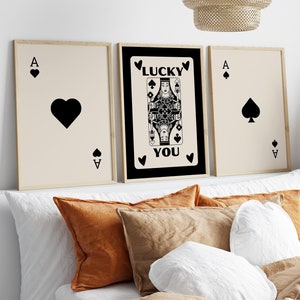 Black Lucky You Poster Set of 3 Trendy Retro Wall Art Aesthetic Print Retro Black Ace Card Poster Preppy y2k Room Decor Queen of Hearts