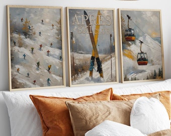 May include: Three framed prints with a winter theme. The left print shows skiers on a snowy slope. The middle print features a pair of crossed skis with the text "Apres Ski Club". The right print shows a snowy mountain scene with two cable cars.