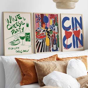 ヴィンテージワインプリント、バーカートアート、トレンディなCin Cin Cheersプリント、ヴィンテージフードポスター、手描きのレトロドリンクプリントマキシマリストキッチンウォールアート