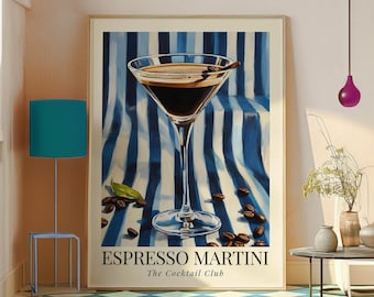 Impression de martini expresso, affiche de cocktail, impression de chariot de bar, impression d'art mural vintage, impression d'art martini, peinture de cuisine abstraite, imprimable numérique
