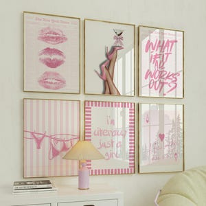 Retro Y2K Coquette Wall Art Set of 6 | Pink Aesthetic Prints, Just a Girl, How Lucky Are We Quote, Feminine Gallery Dorm Decor DIGITAL