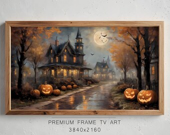 May include: A framed Halloween-themed digital art print. The artwork depicts a spooky street scene with illuminated jack-o'-lanterns, a full moon, and a haunted house. The text "PREMIUM FRAME TV ART 3840x2160" is visible.