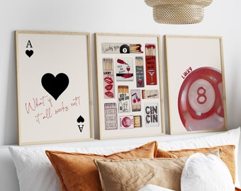Vintage Matchbox Print Trendy Ace of Hearts Print Set Of 3 Lucky You Poster Retro Matchbook Art Vintage Pool Ball Funky Red Aesthetic Print