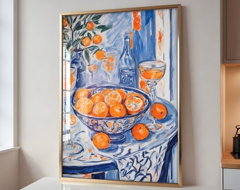 Abstract Blue Orange Print Modern Kitchen Fruit Drink Painting Vibrant Colour Kitchen Decor Henri Matisse Inspired Mediterranean Art